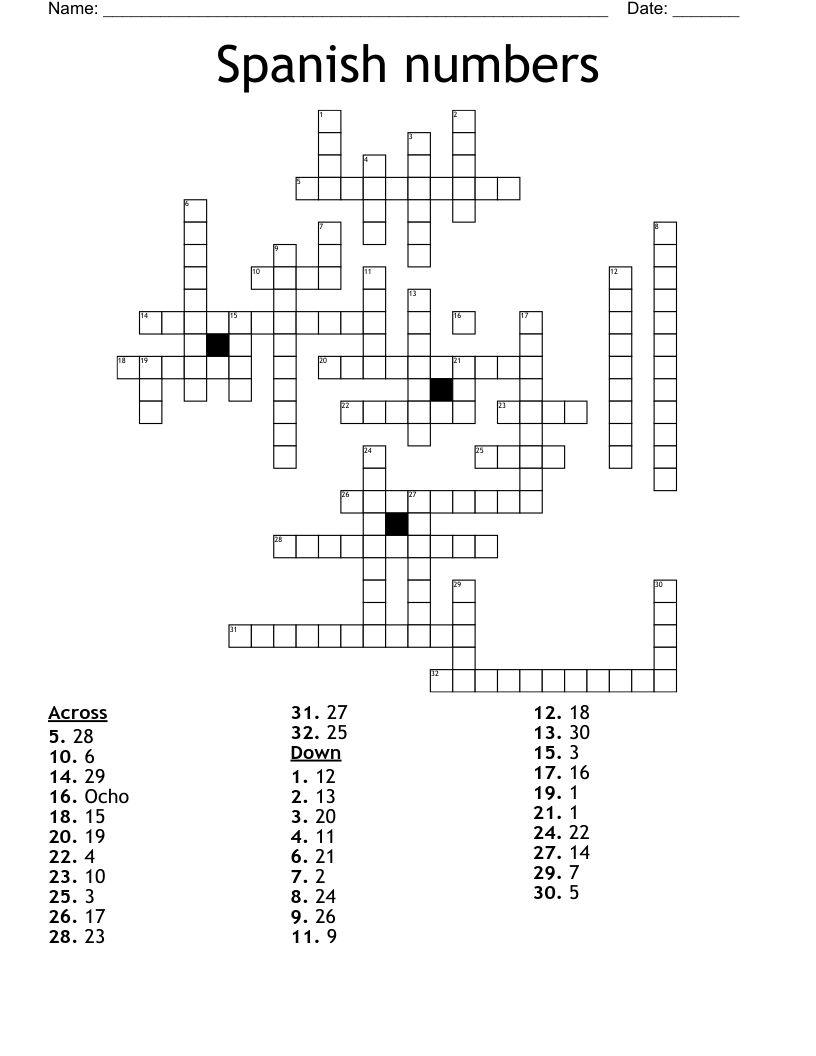 Spanish numbers Crossword