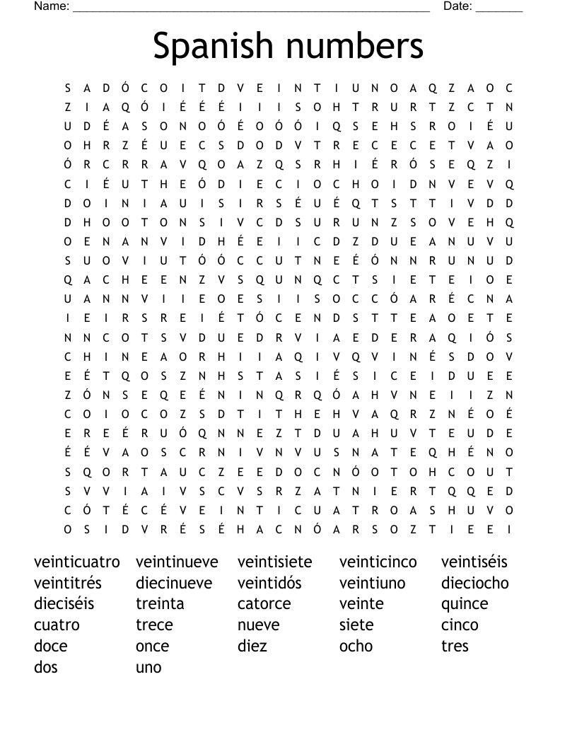 Spanish numbers Word Search