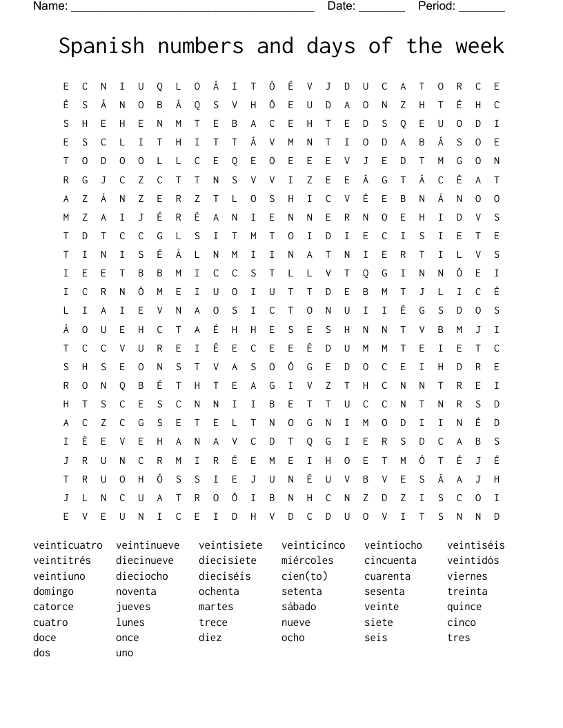 Spanish numbers and days of the week Word Search