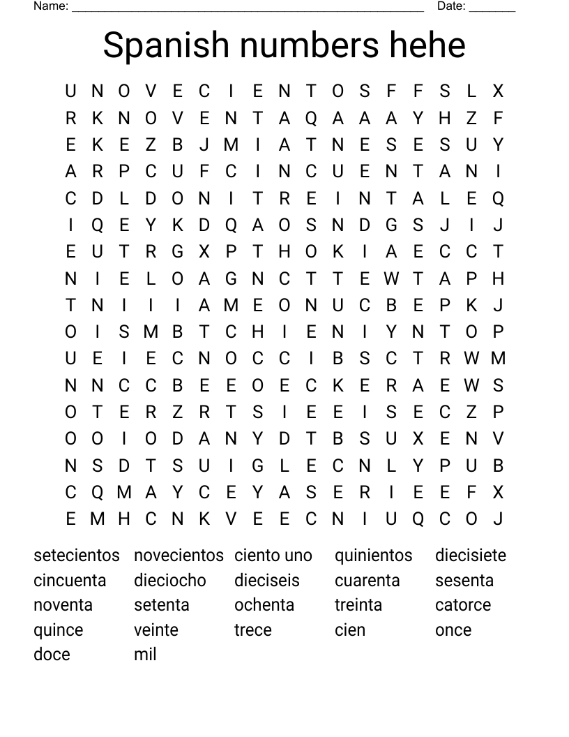 Spanish numbers hehe Word Search