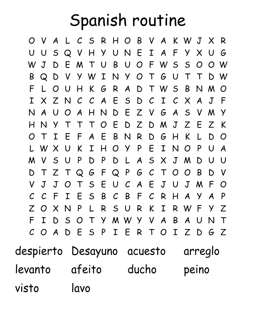 Spanish routine Word Search