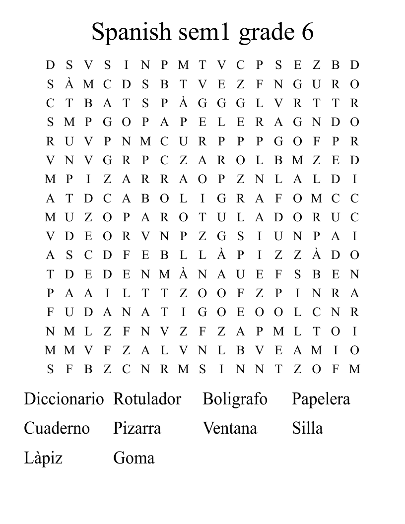 Spanish sem1 grade 6  Word Search