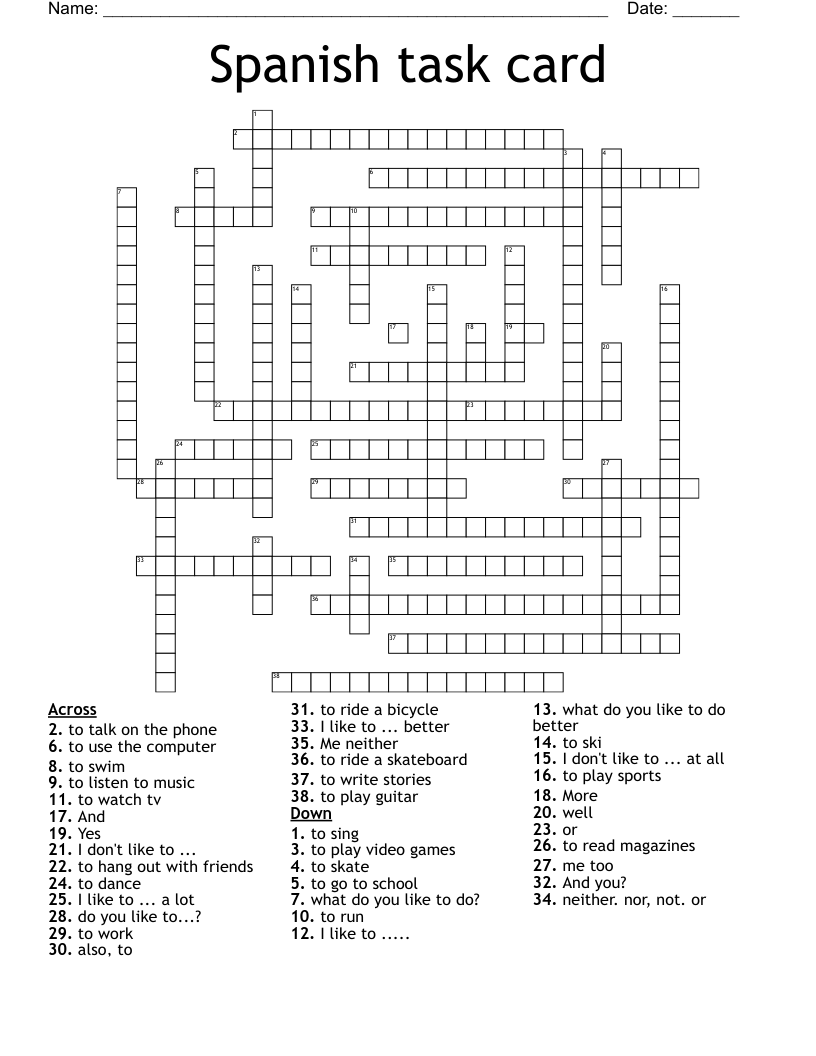 Spanish task card Crossword