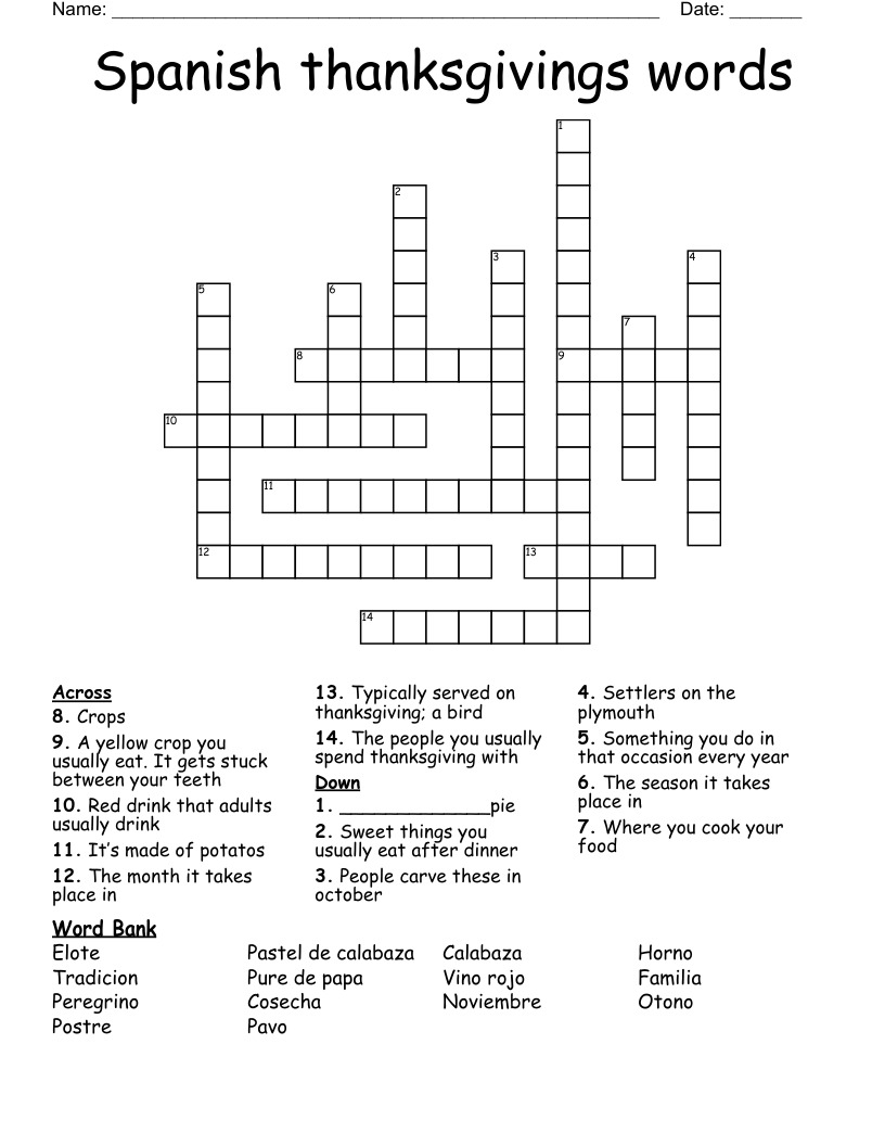Spanish thanksgivings words Crossword