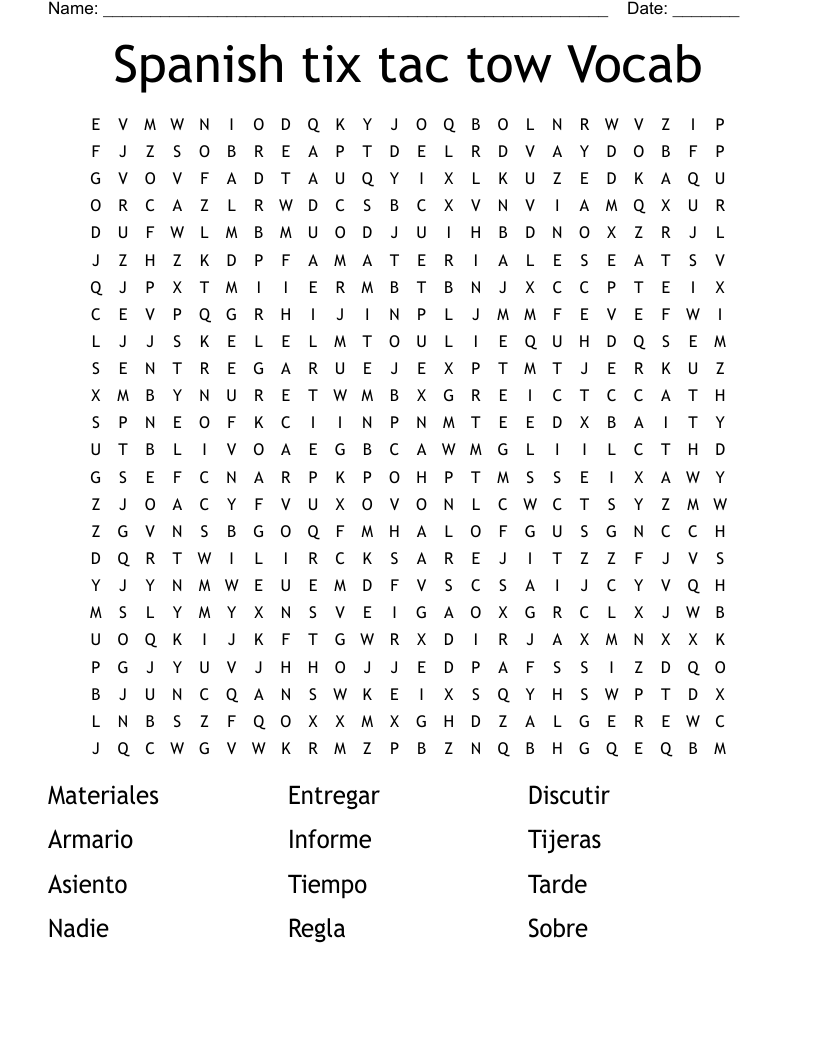 Spanish tix tac tow Vocab  Word Search