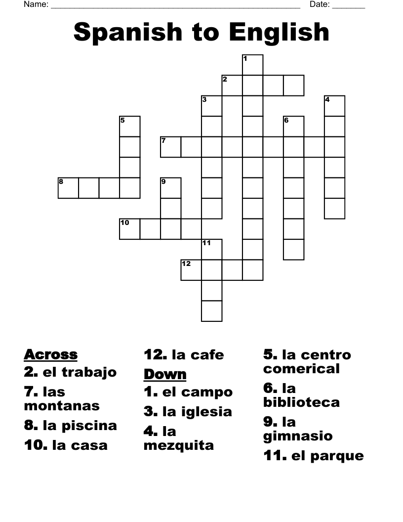 Spanish to English  Crossword
