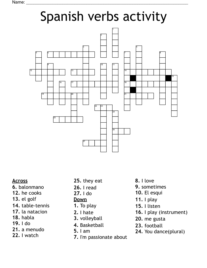 Spanish verbs activity Crossword