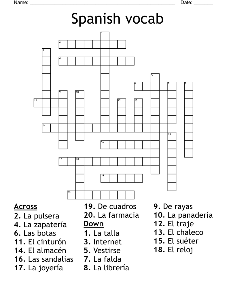 Spanish vocab Crossword