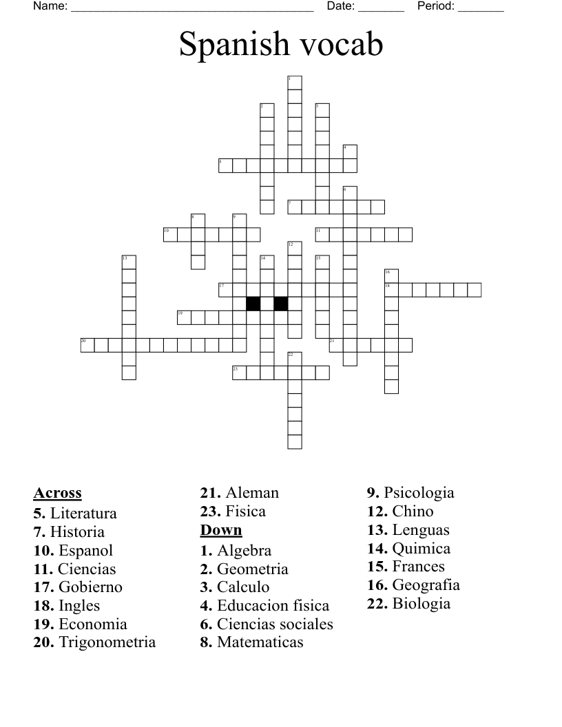 Spanish vocab Crossword