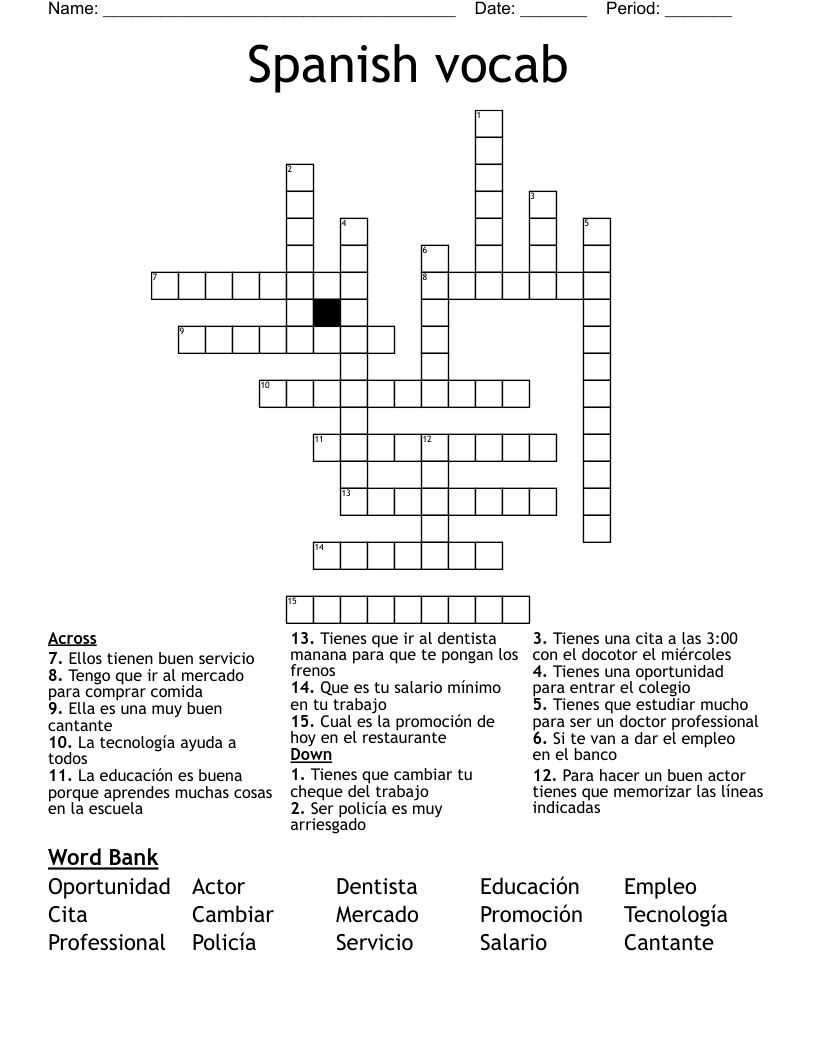 Spanish vocab Crossword