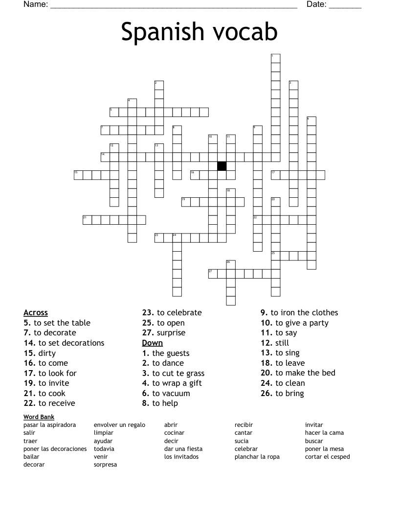 Spanish vocab Crossword