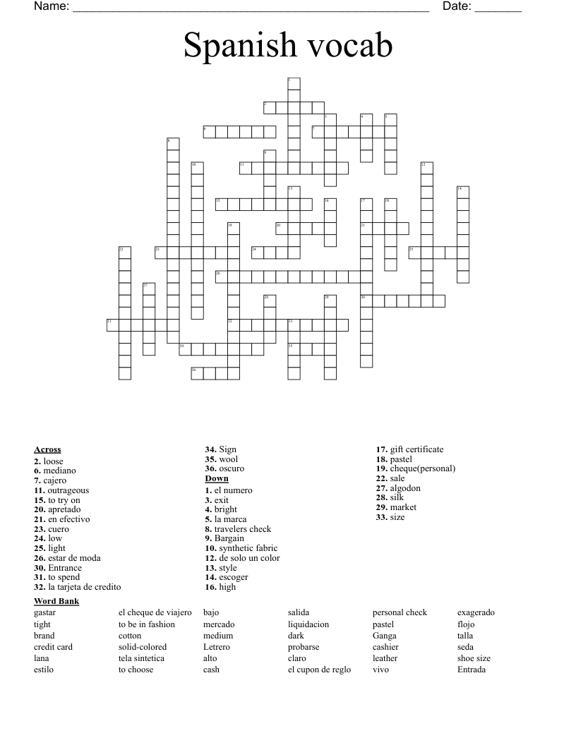 Spanish vocab Crossword