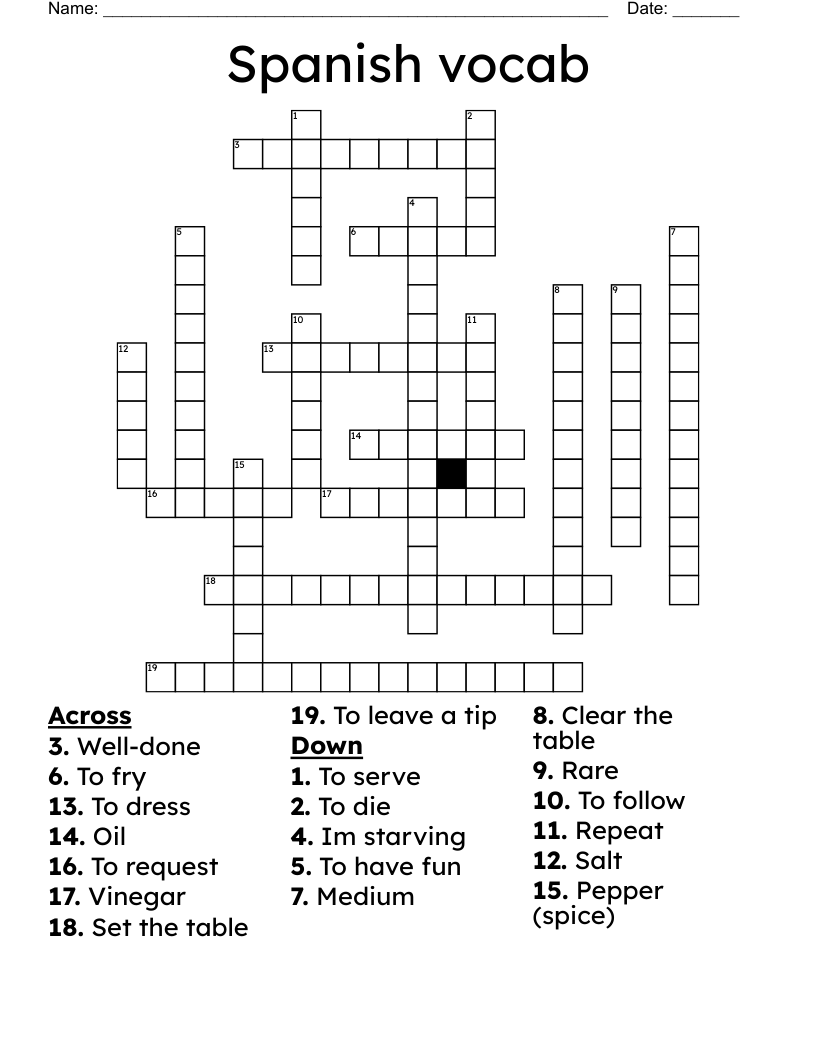 Spanish vocab Crossword