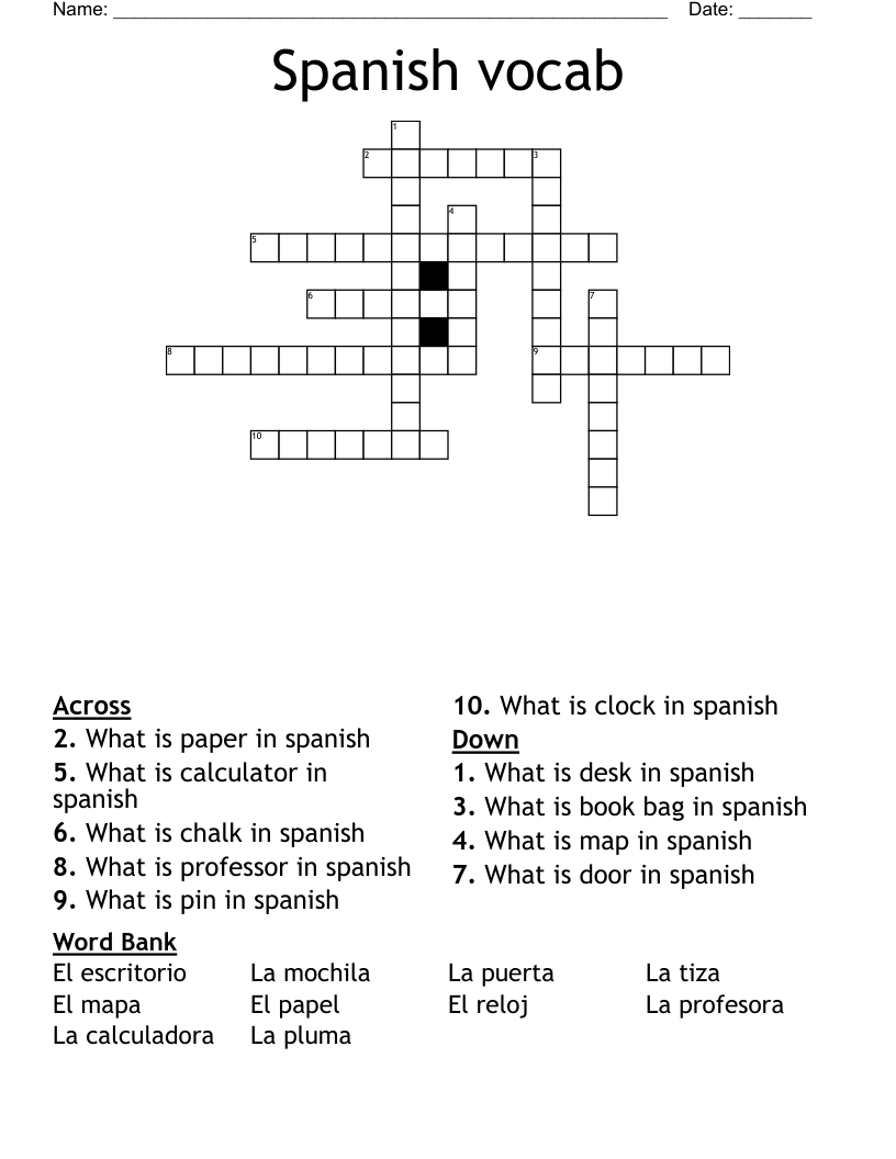 Spanish vocab Crossword