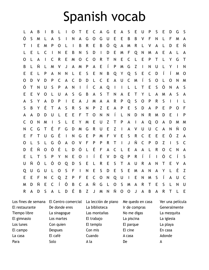 Spanish vocab Word Search