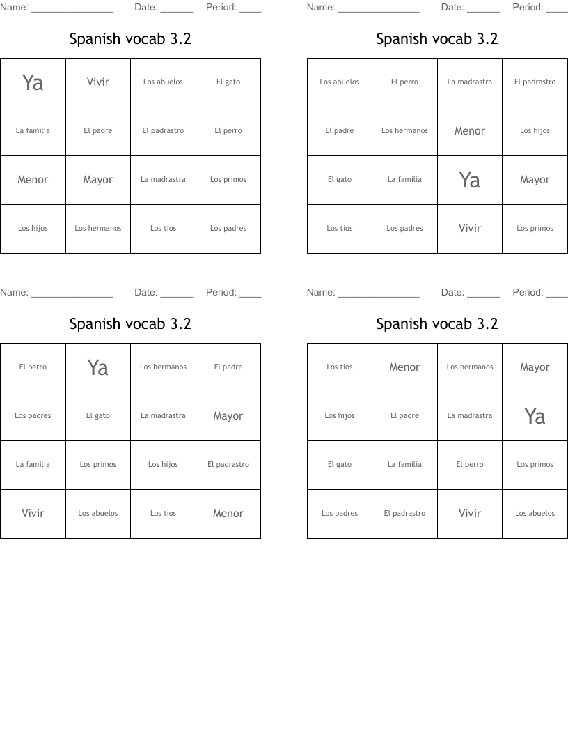 Spanish vocab 3.2 Bingo Cards