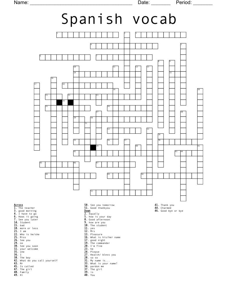 Spanish vocab Crossword