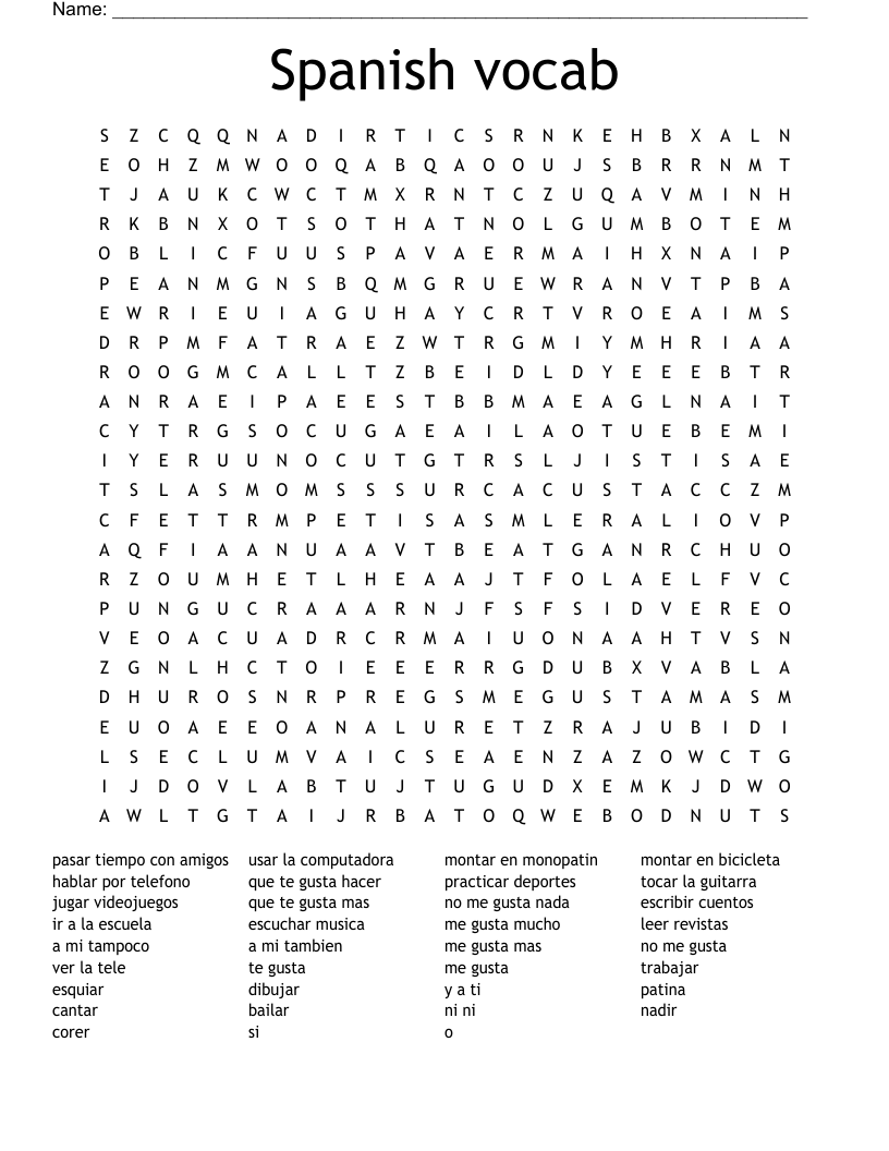 Spanish vocab Word Search