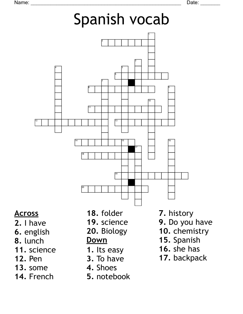 Spanish vocab Crossword
