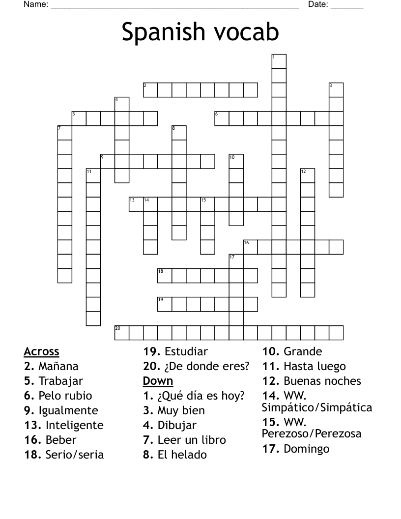 Spanish vocab Crossword