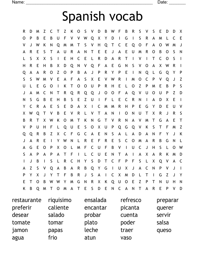 Spanish vocab Word Search