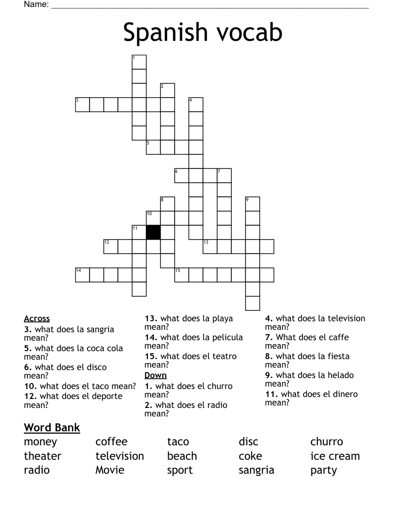 Spanish vocab Crossword