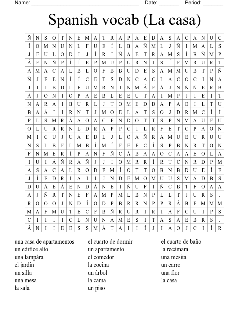 Spanish vocab (La casa) Word Search