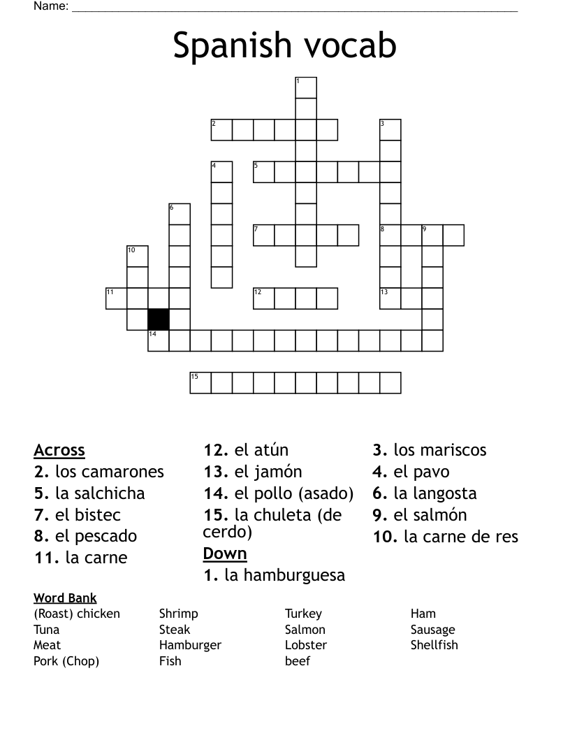 Spanish vocab  Crossword