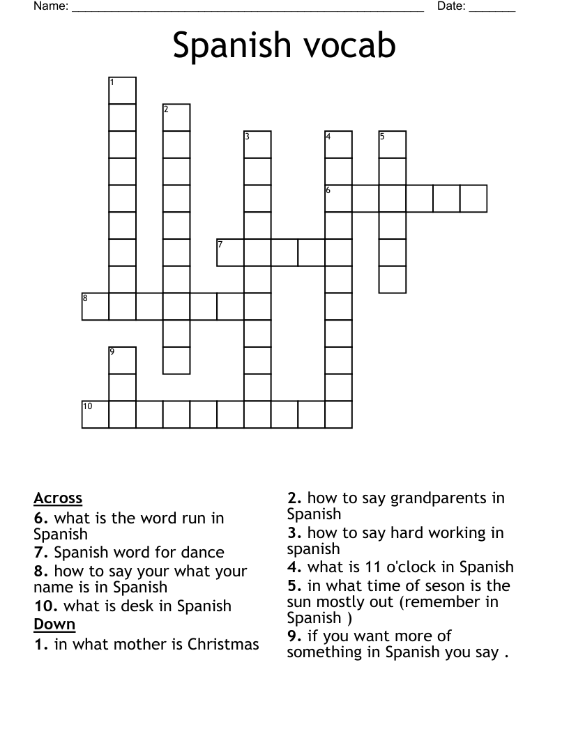 Spanish vocab  Crossword