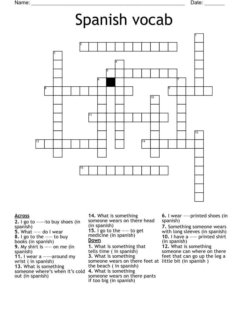 Spanish vocab  Crossword