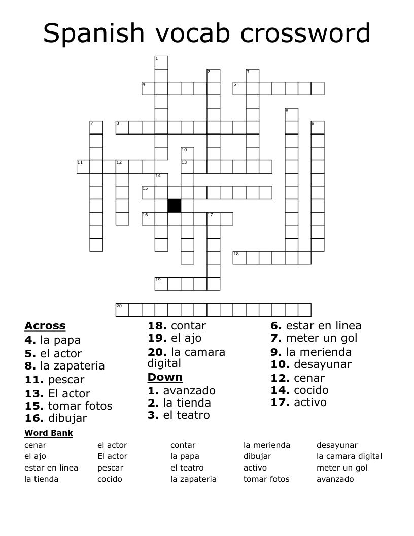 Spanish vocab crossword