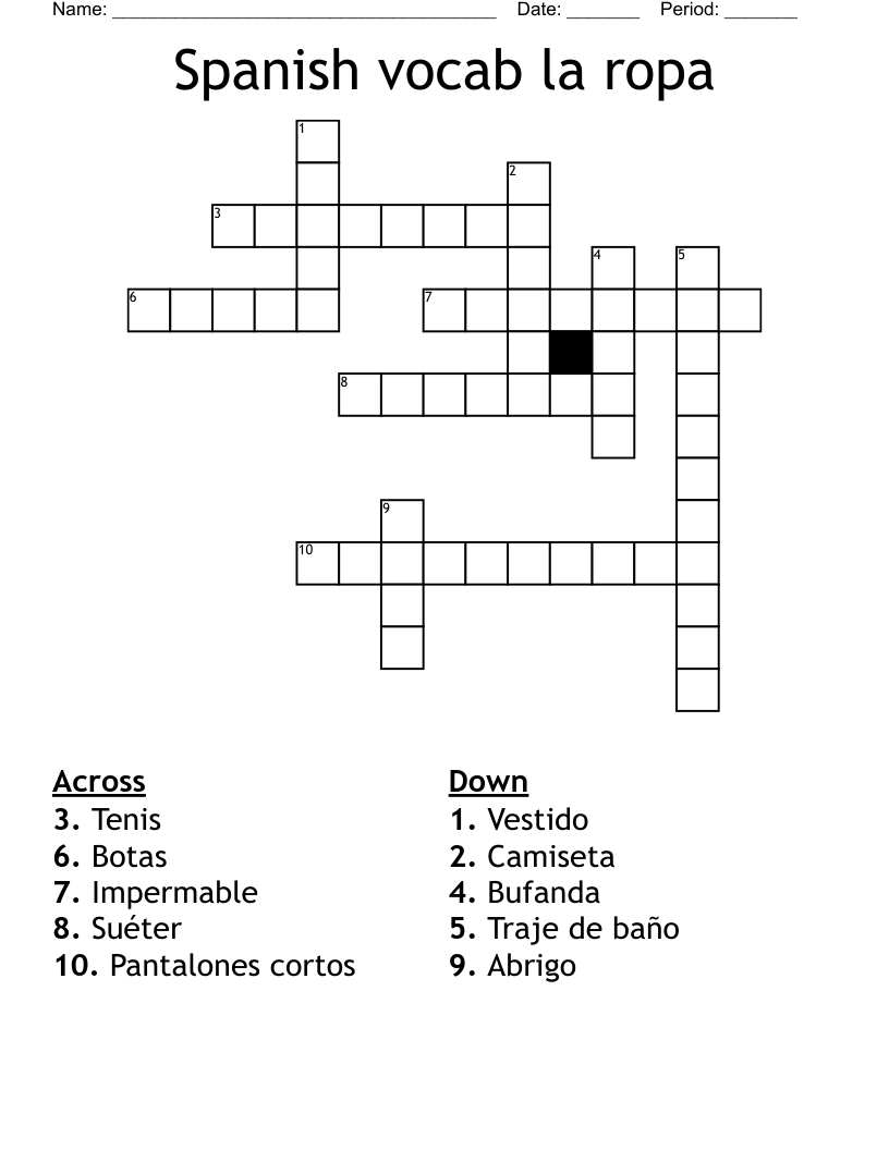 Spanish vocab la ropa Crossword