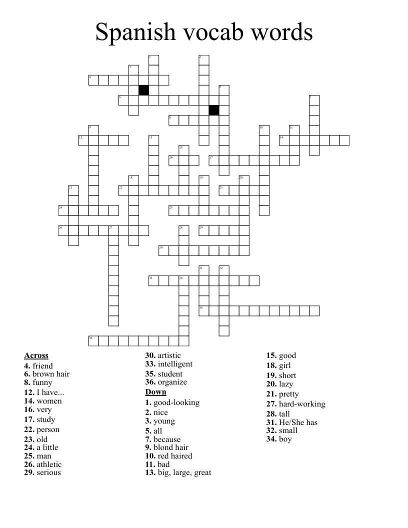 Spanish vocab words Crossword