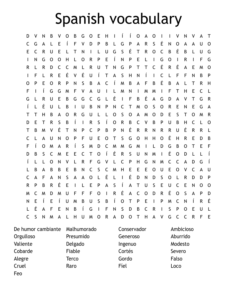 Spanish vocabulary Word Search