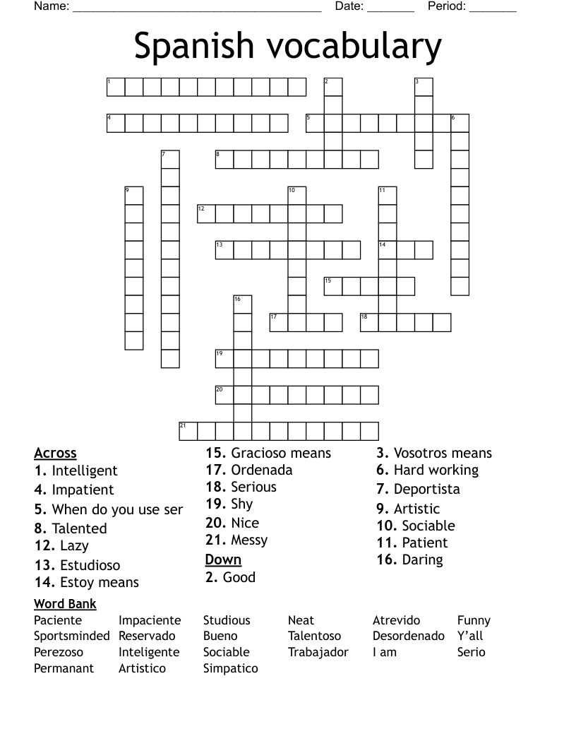 Spanish vocabulary Crossword