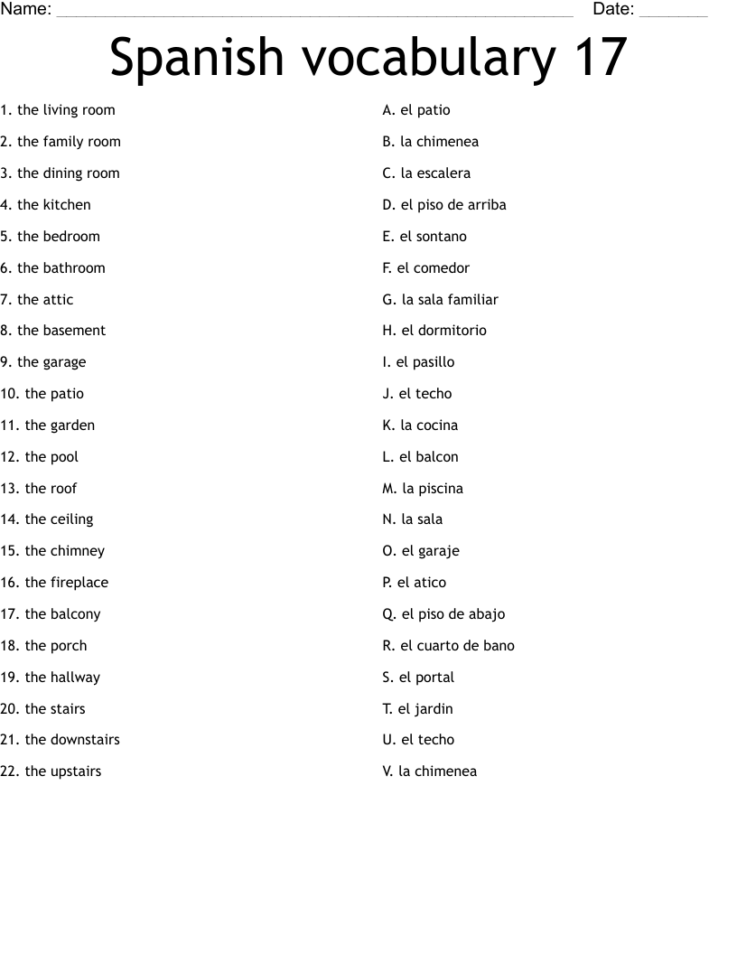 Spanish vocabulary 17 Worksheet