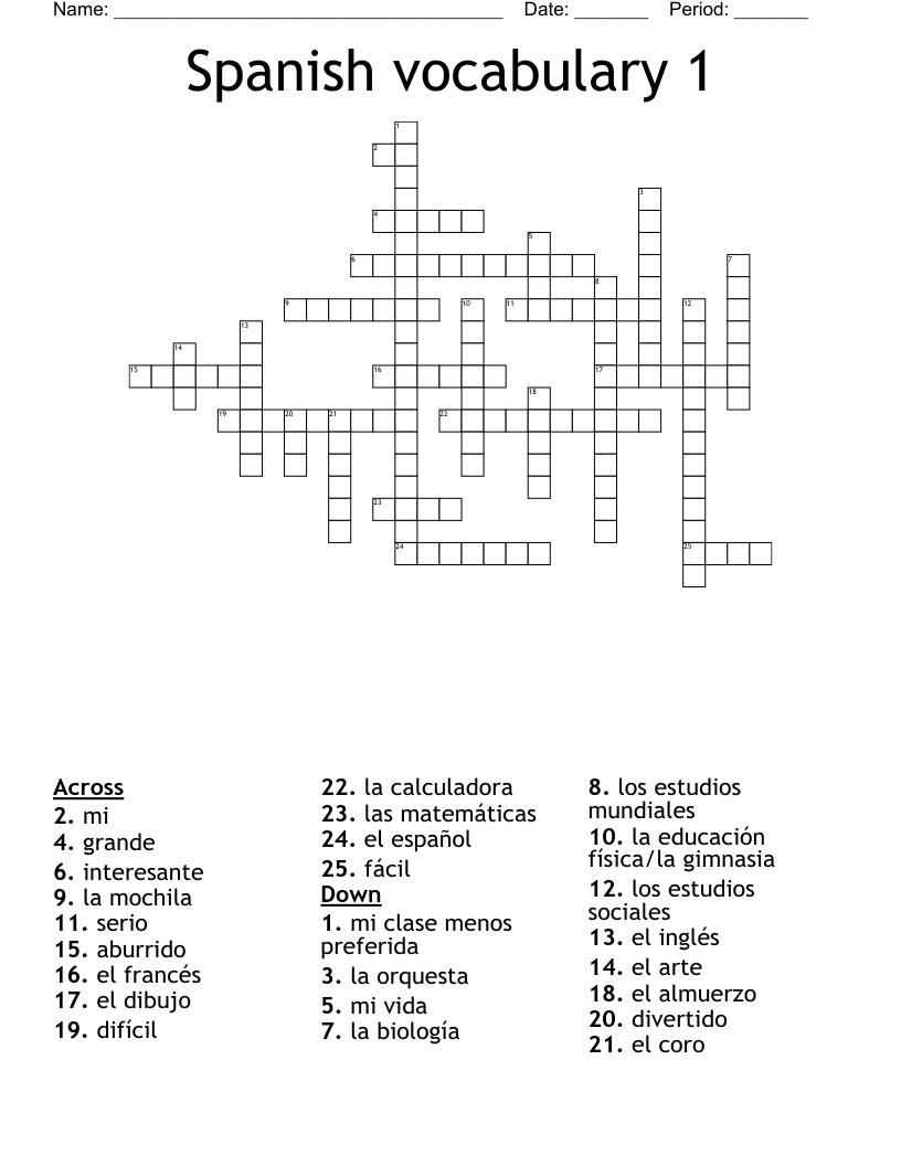 Spanish vocabulary 1 Crossword