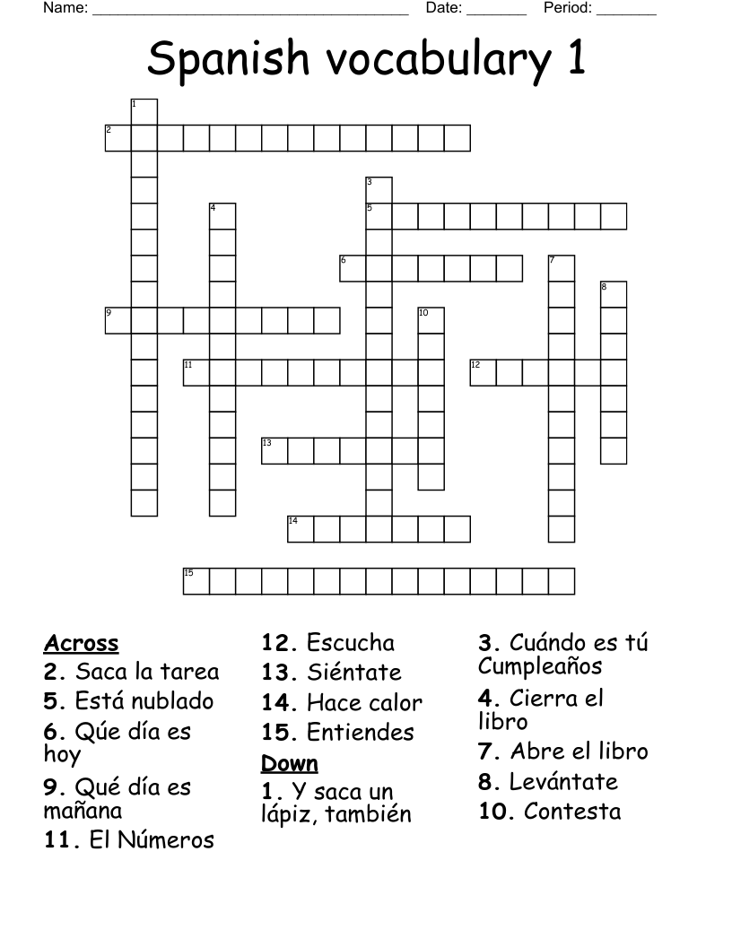 Spanish vocabulary 1 Crossword