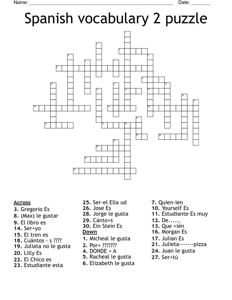 Spanish vocabulary 2 puzzle Crossword