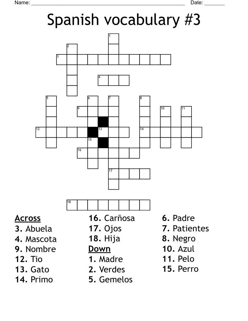 Spanish vocabulary #3 Crossword