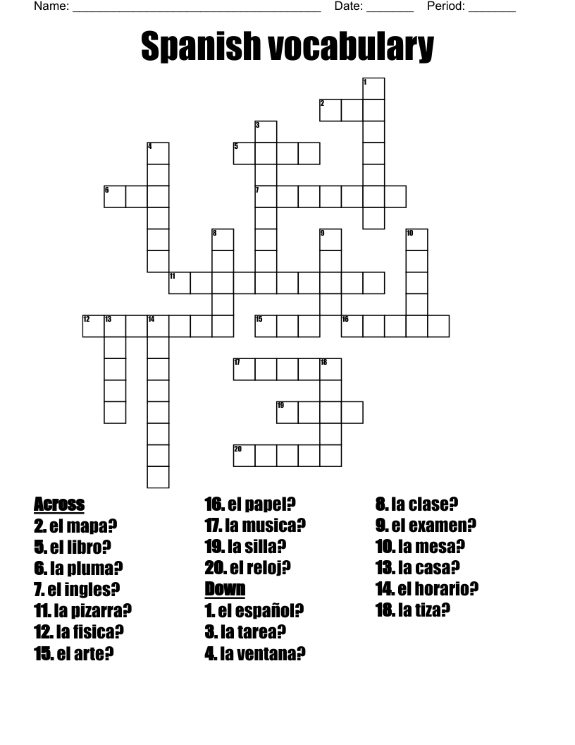 Spanish vocabulary Crossword