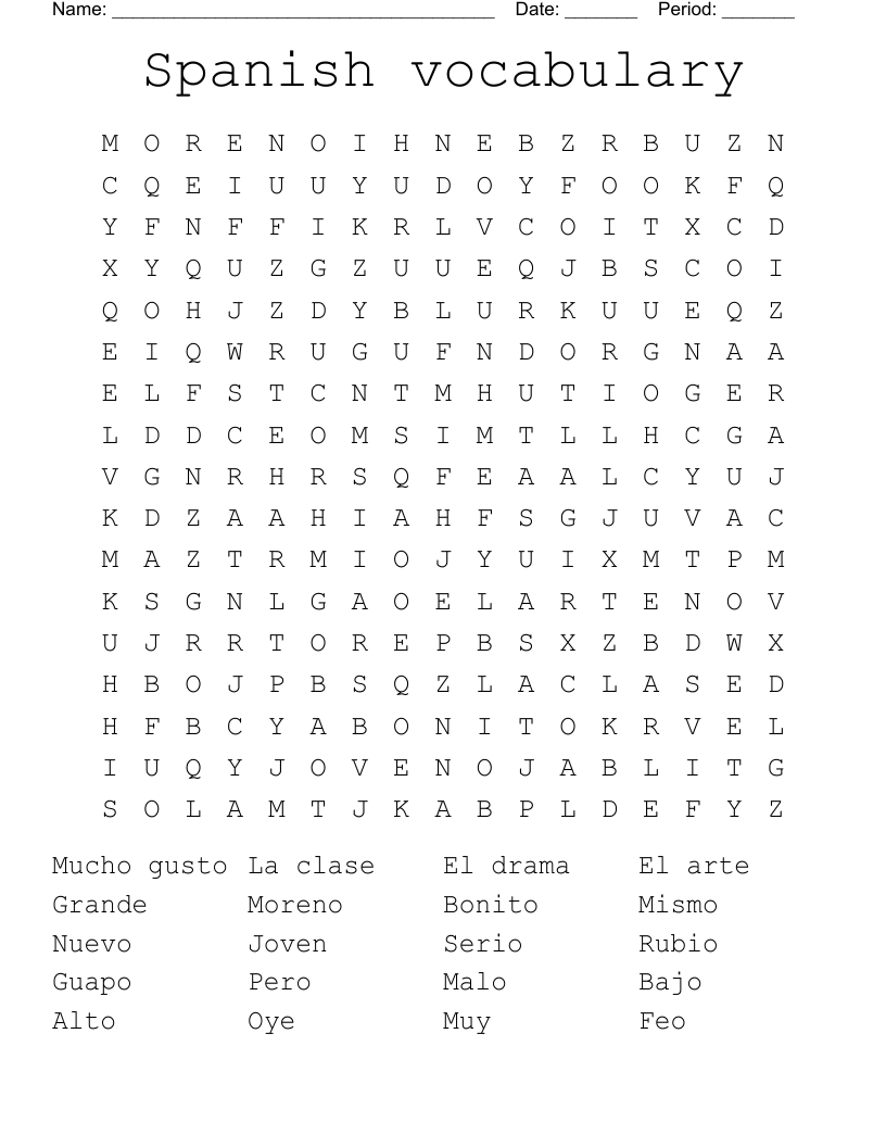 Spanish vocabulary Word Search