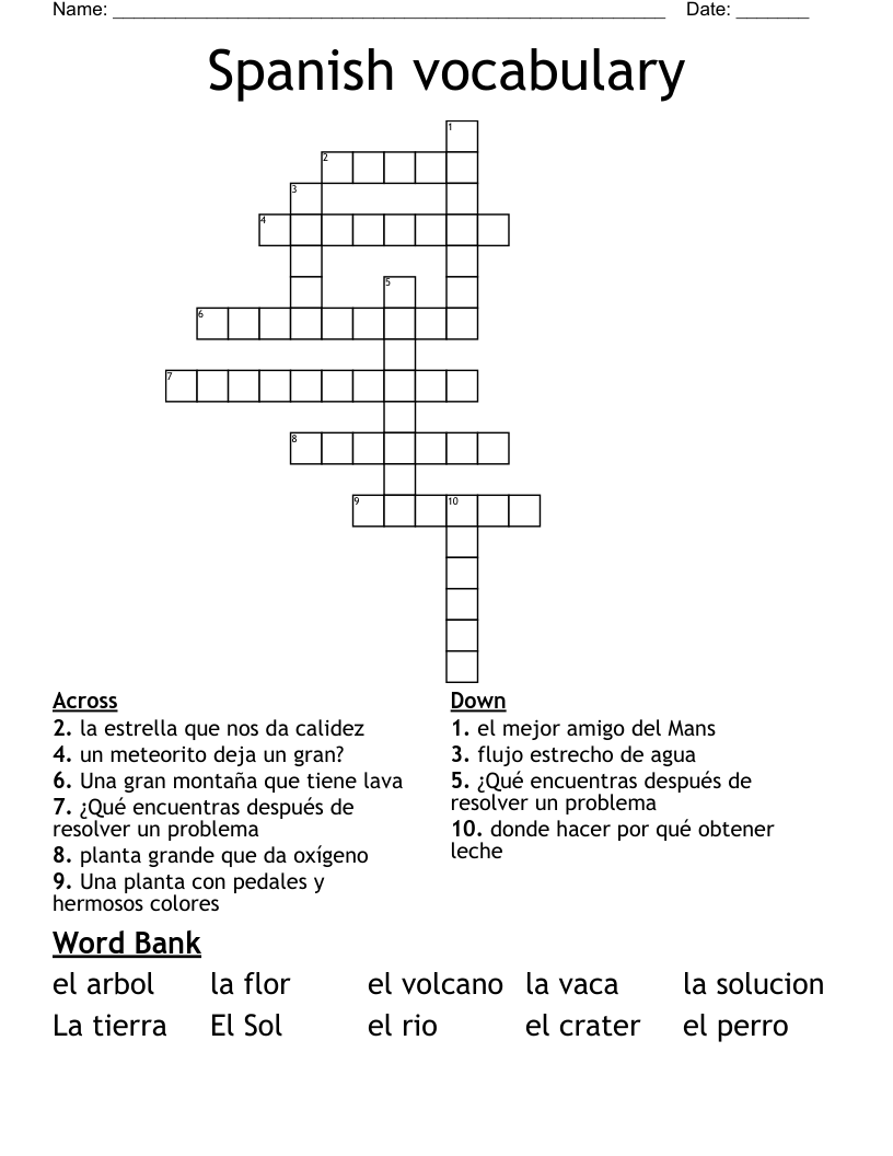 Spanish vocabulary  Crossword