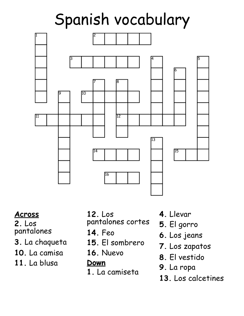 Spanish vocabulary  Crossword