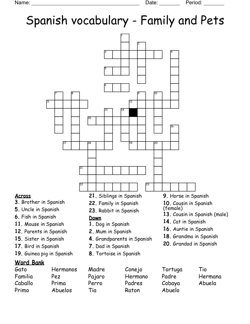Spanish vocabulary - Family and Pets Crossword