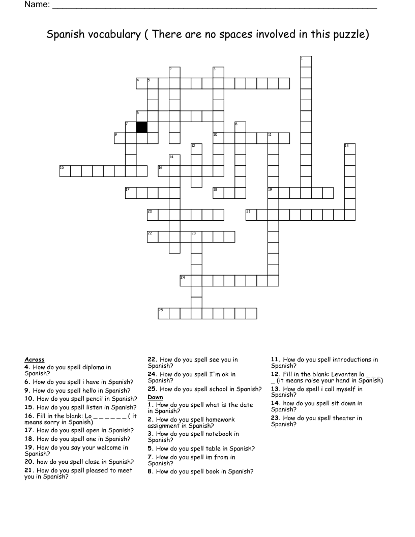 Spanish vocabulary  ( There are no spaces involved in this puzzle)  Crossword