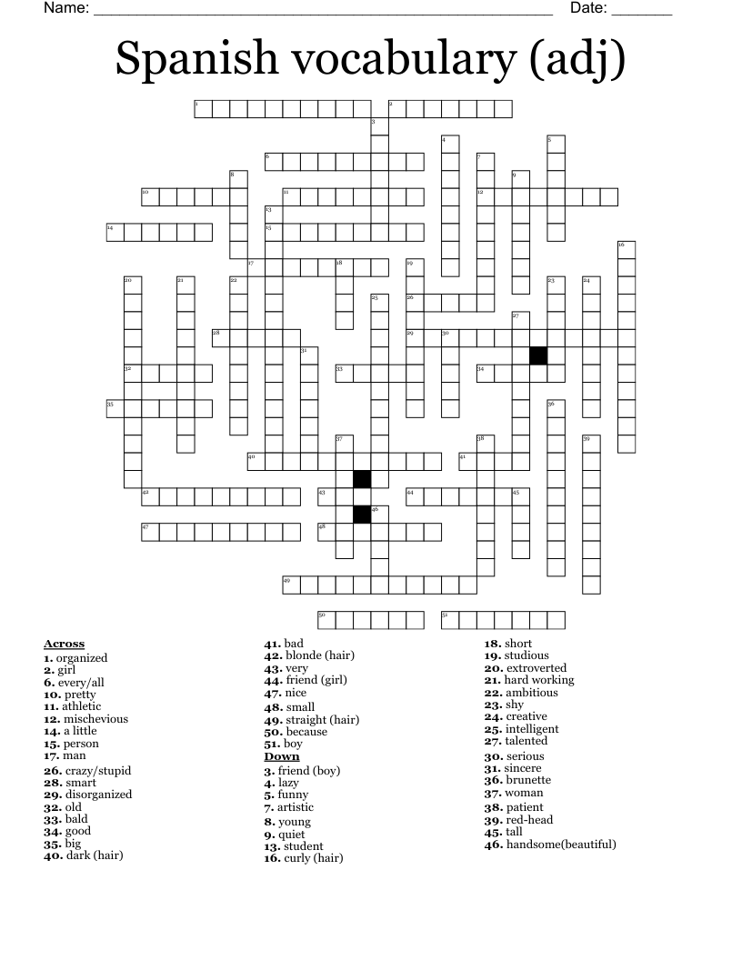 Spanish vocabulary (adj) Crossword