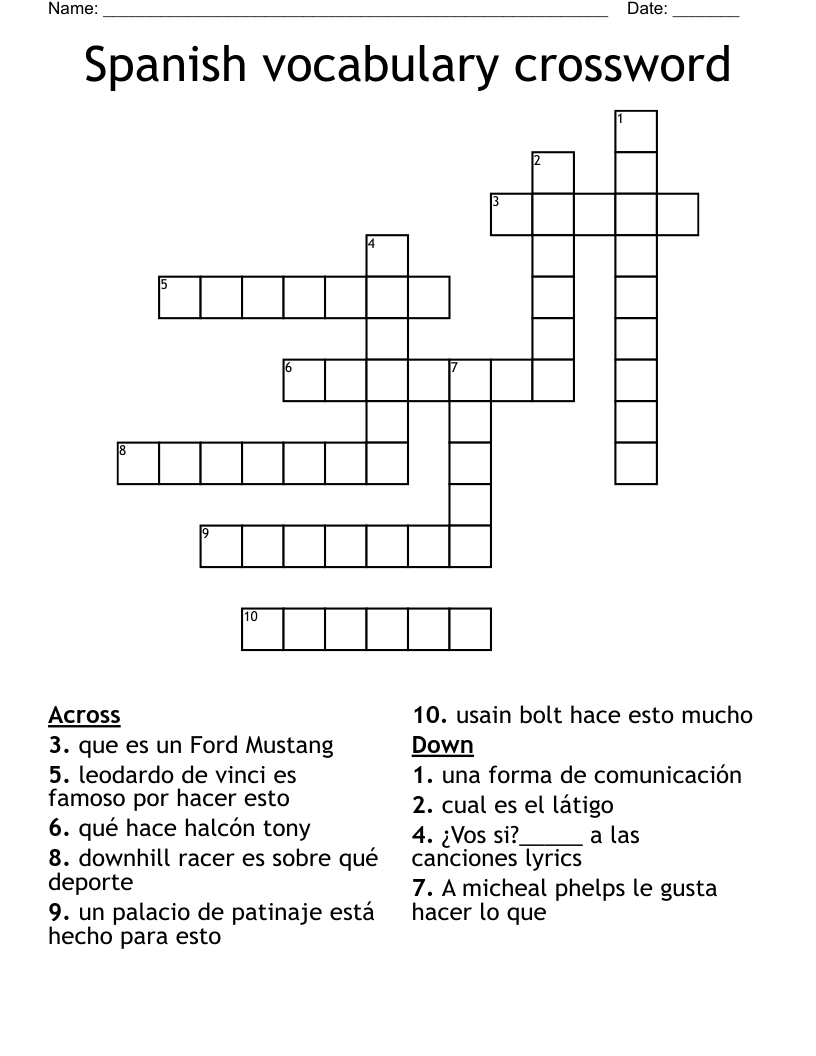 Spanish vocabulary crossword