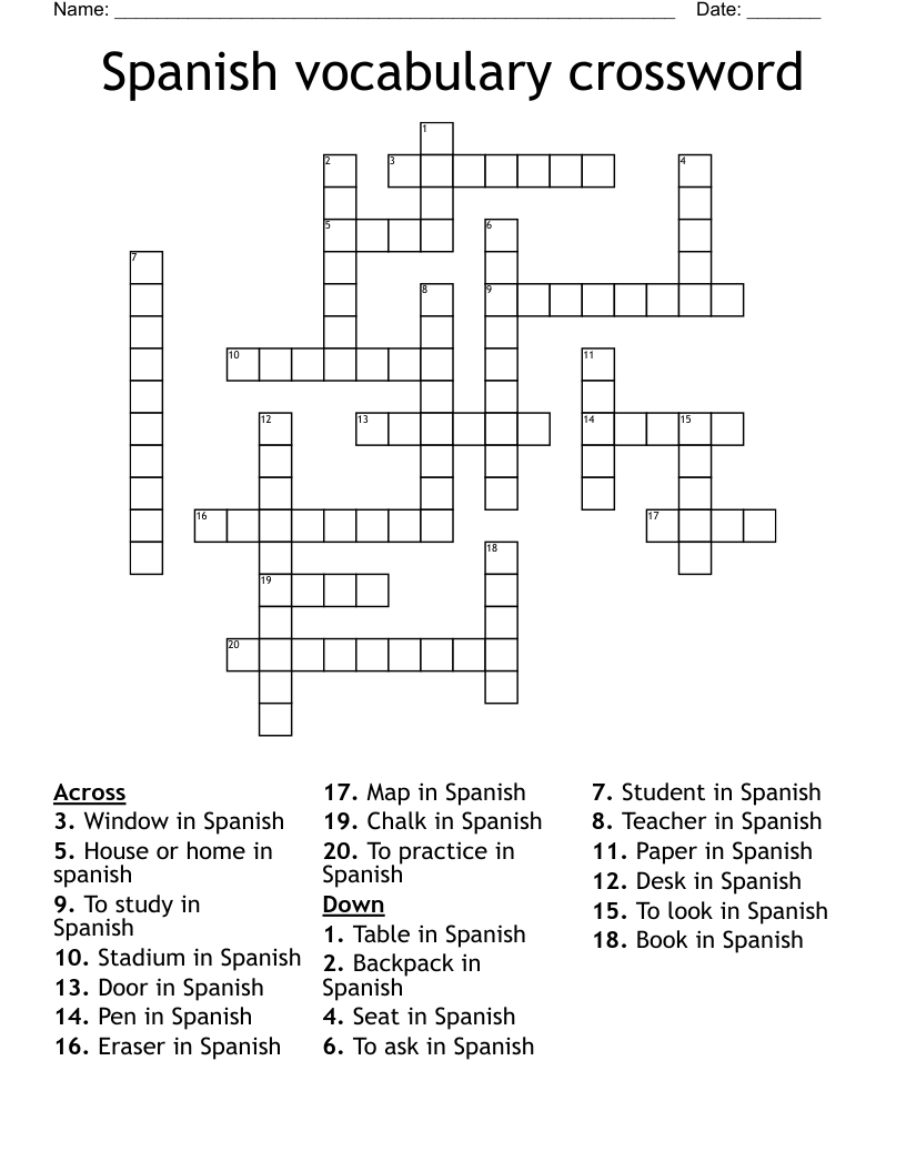 Spanish vocabulary crossword 