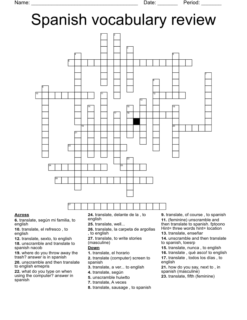 Spanish vocabulary review Crossword